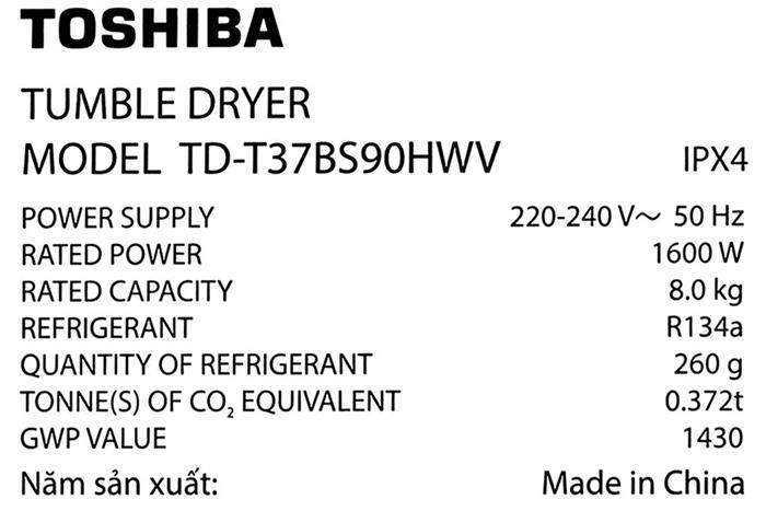 Máy sấy bơm nhiệt Toshiba 8 kg&nbsp;TD-T37BS90HWV(WT)